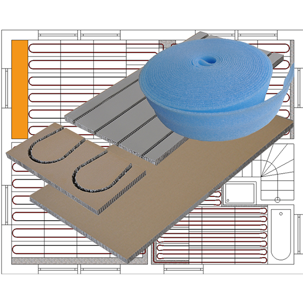 Paket_Slim_RA125_ohneRohr Paket mit PowerFloor Slim - gerade Elemente (6410), PowerFloor Slim/Nature - Umlenker (6411), PowerFloor Slim/Nature - Randausbauplatte (6126), Randdämmstreifen (4300)