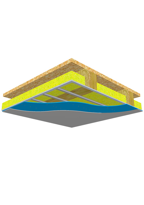 Abgehängte Holzbalkendecke mit  PhoneStar Schalldämmplatten und Gipskarton