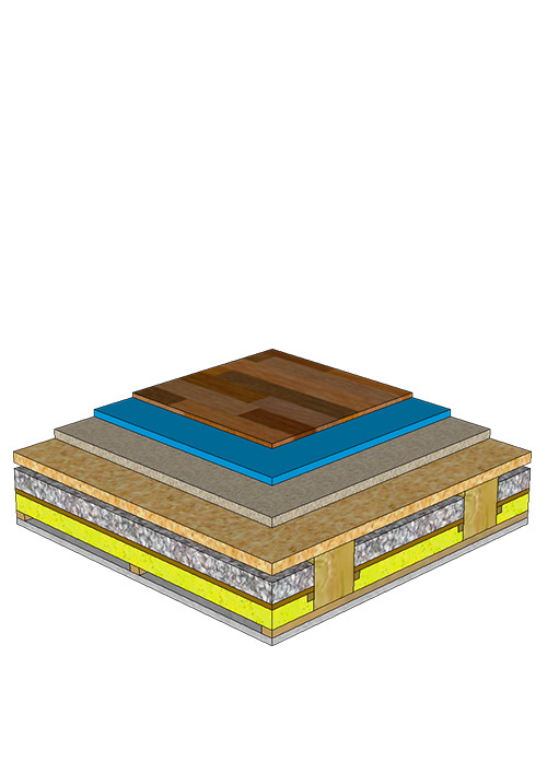 Darstellung einer Holzdecke mit Bodenaufbau (Holzweichfaserplatte, PhoneStar Schalldämmplatten, Parkett)