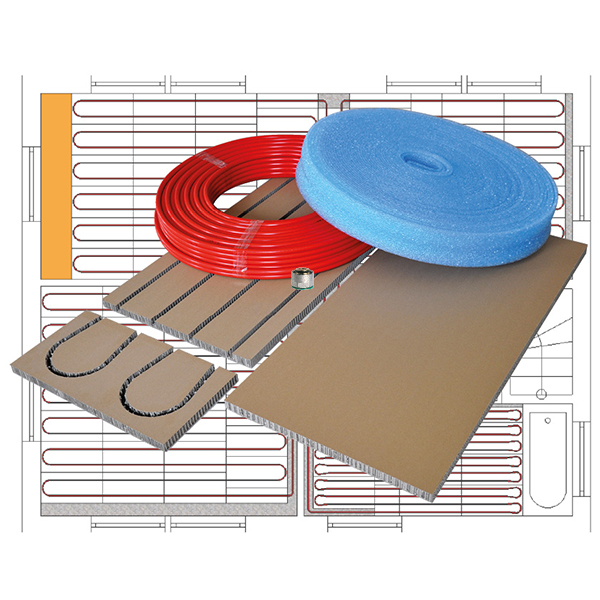 Paket_Nature_RA125+Rohr Paket mit PowerFloor Nature - gerade Elemente (6313), PowerFloor Slim/Nature - Umlenker (6411), PowerFloor Slim/Nature - Randausbauplatte (6126), Randdämmstreifen (4300), Klemmringverschraubung (6924)