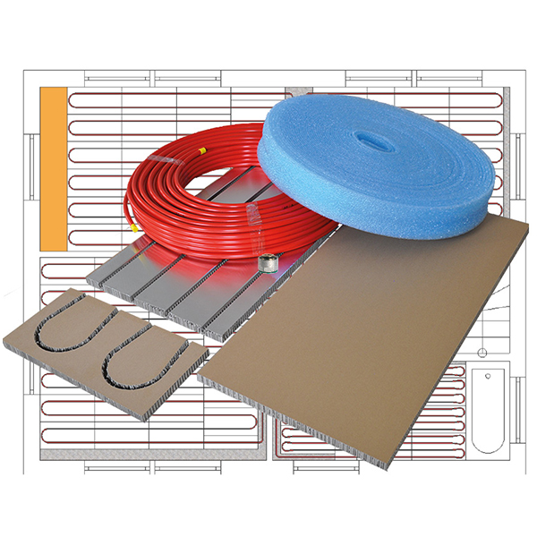 Paket_Slim_RA125+Rohr Paket mit PowerFloor Slim - gerade Elemente (6410),  PowerFloor Slim/Nature - Umlenker (6411), PowerFloor Slim/Nature - Randausbauplatte (6126), Randdämmstreifen (4300),  Klemmringverschraubung (6924)